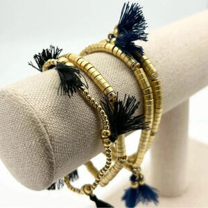J. Crew Navy Black Gold Stretch Tassel Bracelets